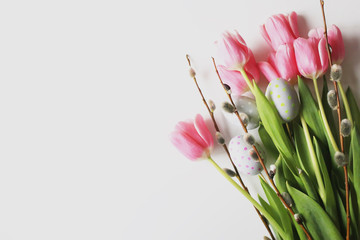Happy easter! Easter background with pink tulips. Spring holiday concept.
