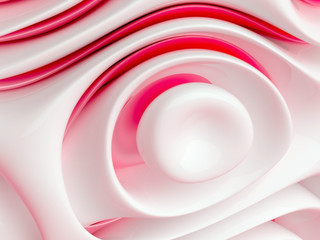 3d render of abstract 3d background based on curved round smooth lines in white glossy plastic material with red glossy elements