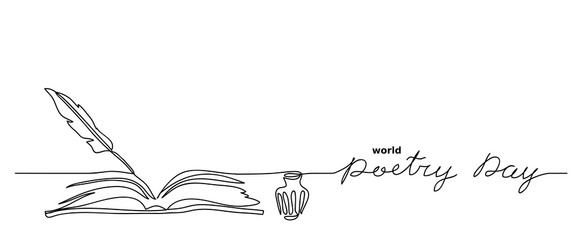 World poetry day minimalist vector sketch, web background with feather, inkwell, and book. Lettering poetry day. One continuous line drawing - obrazy, fototapety, plakaty