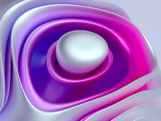 3d render of abstract 3d background with abstract egg in the center lay on intensive purple color round pedestal inside big hole on abstract mountain in curved shape in matte aluminum material 