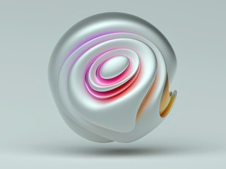 3d render with abstract art sculpture of ball in smooth soft curved organic forms in white matte and glossy material with pink to orange color gradient on white background