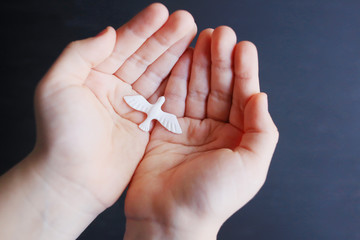 White bird figurine in children's hands. International Bird Day. April 1