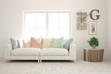 Modern living room in white color with sofa. Scandinavian interior design. 3D illustration