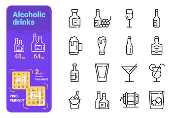Set of various alcoholic drinks in glasses