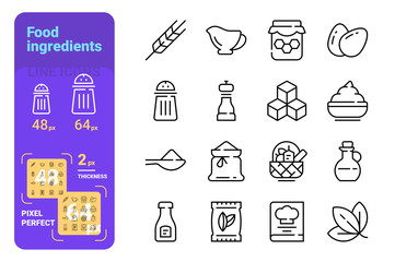 Food ingredients and tableware line icons set