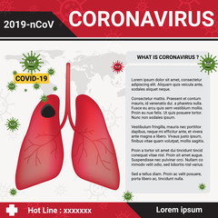 Coronavirus Infographics Vector Illustration. Infected on Human Lung Graphic. 2019-nCoV World Outbreak and Prevention, Covid-19 Sign and Symptoms.