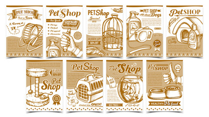 Pet Shop Assortment Advertising Posters Vector. Aquarium And Birdcage, Running Wheel And Food Bowl, Scratcher And Carrier On Creative Banners. Template Hand Drawn Monochrome Illustrations