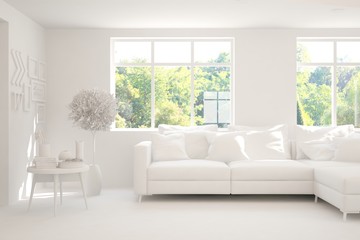 Mock up of stylish room in white color with sofa and green landscape in window. Scandinavian interior design. 3D illustration