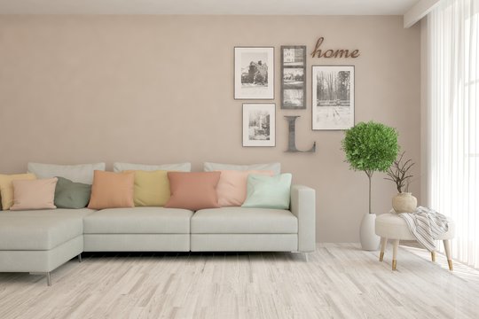 Modern living room with classic furniture. Scandinavian interior design. 3D illustration