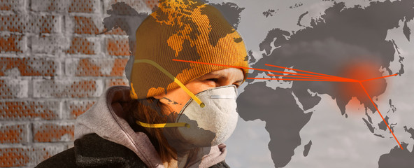 Sick woman wearing protective mask. Protective face mask. Global map background.