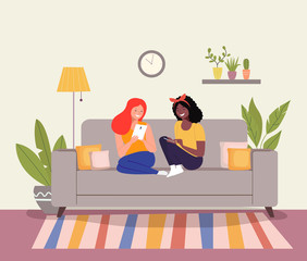 Girlfriends are sitting on the sofa with smartphones. Vector flat style illustration