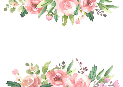 Watercolor floral illustration - leaves and branches frame with flowers and leaves for wedding stationary, greetings, wallpapers, background. Roses,  green leaves.