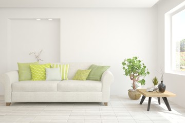 Modern living room in white color with sofa. Scandinavian interior design. 3D illustration
