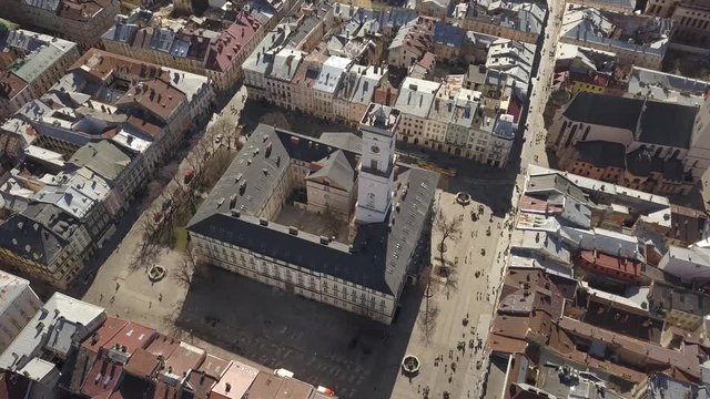 Aerial view to Central City Hall in the tourist and historical center of Lviv city, Ukraine