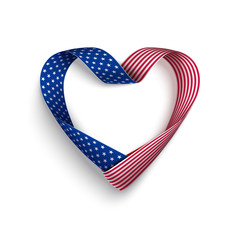 United States of America flag ribbon in shape heart for festive design.