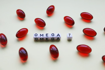 Sea buckthorn oil capsules, omega 7 - obrazy, fototapety, plakaty