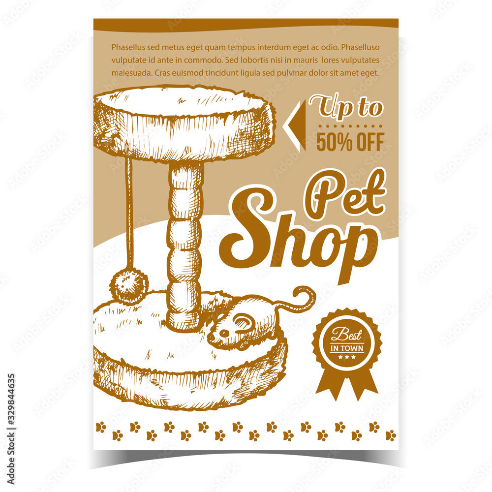 Sticker Pet Shop Cat Accessory Advertising Poster Vector. Domestic Scratcher Cat Claw Sharpener With Mouse Toy On Creative Banner. Playing Equipment Layout Designed In Vintage Style Monochrome Illustration