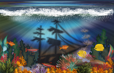 Fototapeta na wymiar Underwater landscape with sunken ship background, vector illustration 