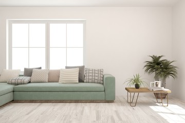 Modern living room in white color with sofa. Scandinavian interior design. 3D illustration