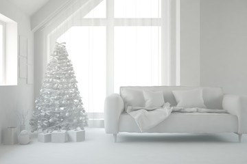 Fototapeta na wymiar Winter new year interior of living room with sofa. Scandinavian design. 3D illustration