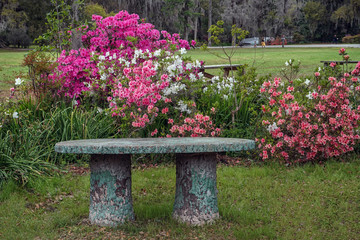 Fototapeta na wymiar Stone bench and flowers in a park