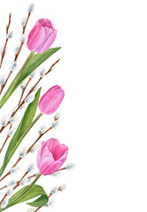 Watercolor flower arrangement of tulips and willow branches. Template for spring cards and invitations
