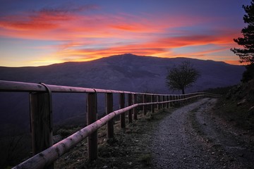 Wooden Fence Along Dirt Road At Twilight