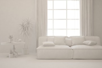 Mock up of minimalist living room in white color with sofa. Scandinavian interior design. 3D illustration