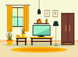 living room interior with furniture, TV, table, wardrobe, window, shelves with books and home flowers, floor lamp. flat cartoon vector illustration
