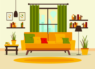 living room interior with furniture, table, window, shelves with books and home flowers, floor lamp. flat cartoon vector illustration