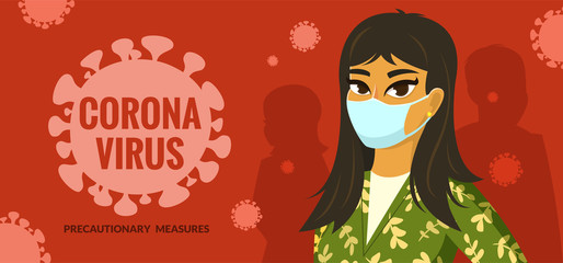 Asian woman wearing surgical mask, vector illustration