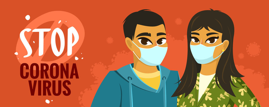 Asian man and woman wearing surgical mask, vector illustration