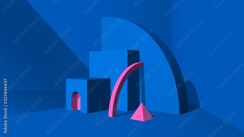 Poster Abstract 3D objects or elements installation in the classic blue room for a booklet of banner