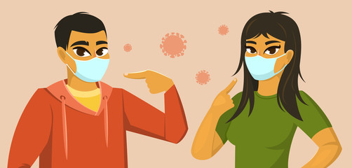 Asian man and woman wearing surgical mask, vector illustration