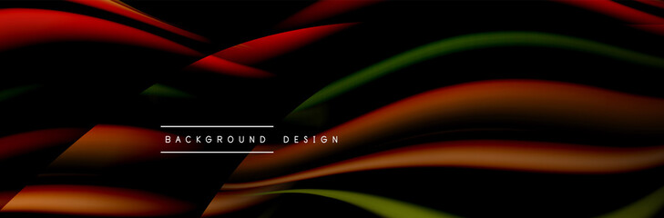 Сolorful flow poster. Wave liquid lines and shapes in black color background. Vector Illustration
