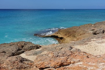 View of a beach on the blue Caribbean Sea in Saint Martin (Sint Maarten), Dutch Antilles