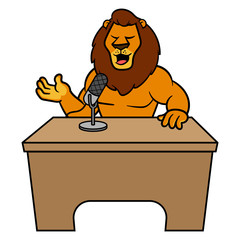 Cartoon Lion Character Talking into Microphone