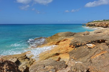 View of a beach on the blue Caribbean Sea in Saint Martin (Sint Maarten), Dutch Antilles