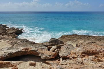 View of a beach on the blue Caribbean Sea in Saint Martin (Sint Maarten), Dutch Antilles