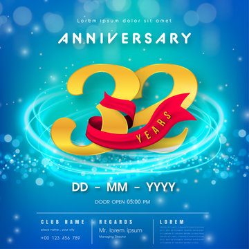 32 years anniversary logo template on blue Abstract futuristic space background. 32nd modern technology design celebrating numbers with Hi-tech network digital technology concept design elements.
