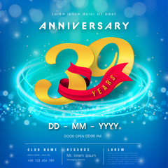 39 years anniversary logo template on blue Abstract futuristic space background. 39th modern technology design celebrating numbers with Hi-tech network digital technology concept design elements.