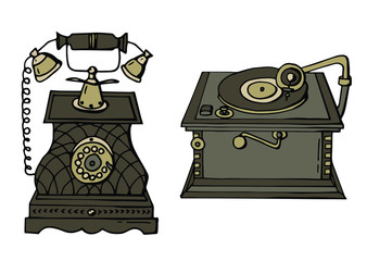 Retro telephone and gramophone of 1920. Art Deco. Cartoon style illustration. Stock illustration. white background, isolation.