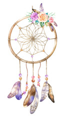  Watercolor dreamcatcher with feathers and flowers roses - obrazy, fototapety, plakaty