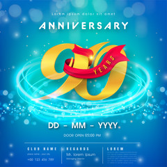 90 years anniversary logo template on blue Abstract futuristic space background. 90th modern technology design celebrating numbers with Hi-tech network digital technology concept design elements.