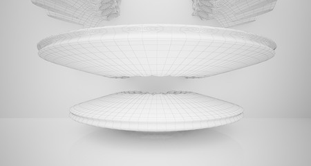 Abstract drawing architectural background. White interior with discs. 3D illustration and rendering.