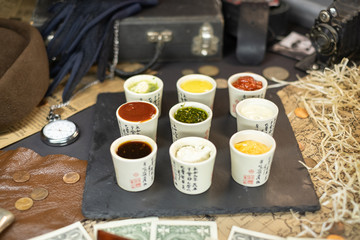 Different sauces on tray american style