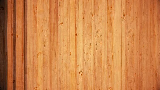 Vertical rows of abstract wooden planks standing one by one. Animation. Browm wood surface, same size boards fly away on black background.