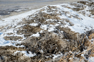 Melted mud on the side of the road. Dirty snow spring background. Old and dirty snow texture. Natural background. Snow mixed with coal soot, poor ecology.