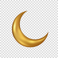 Gold 3d moon on transparent background. Vector golden crescent. © Linett