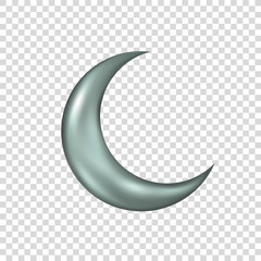 Silver 3d moon on transparent background. Vector silver crescent.